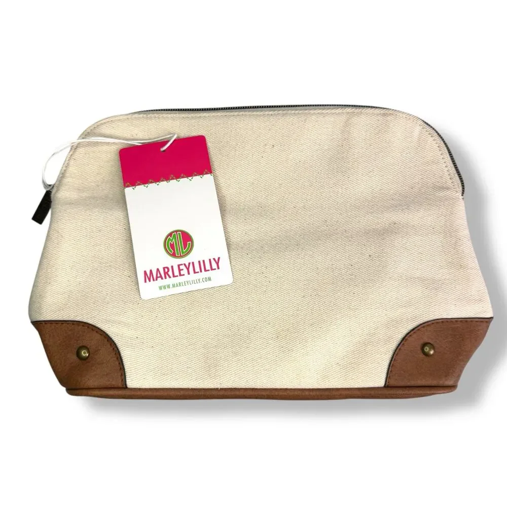 Marley Lilly Canvas & Leather Zip Pouch Cosmetic Case Travel Bag Vintage Look